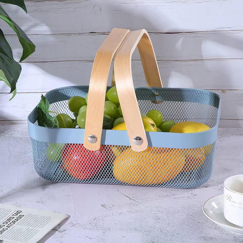 AJIODA Metal Mesh Steel Basket, Storage Organizer Baskets Garden Harvest Basket Multi-functional Kitchen Fruit Baskets Bin with Wooden Handle for Bathroom Picnic Shopping Decor Cabinet Home, Blue - Image 2